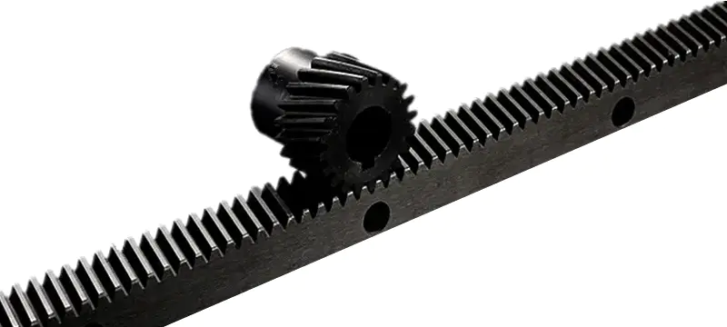 Black helical gear rack and pinion displayed in a clean industrial product photo, designed for automatic gate transmission and smooth linear movement.